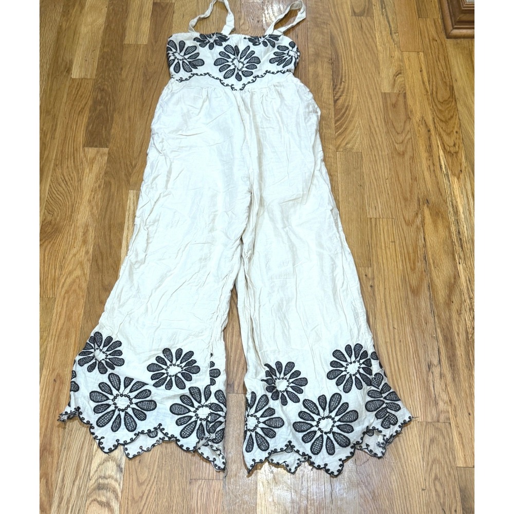 NAOO Cream Cotton Embroidered Floral Wide Leg Jumpsuit Small Boho Scalloped Hem